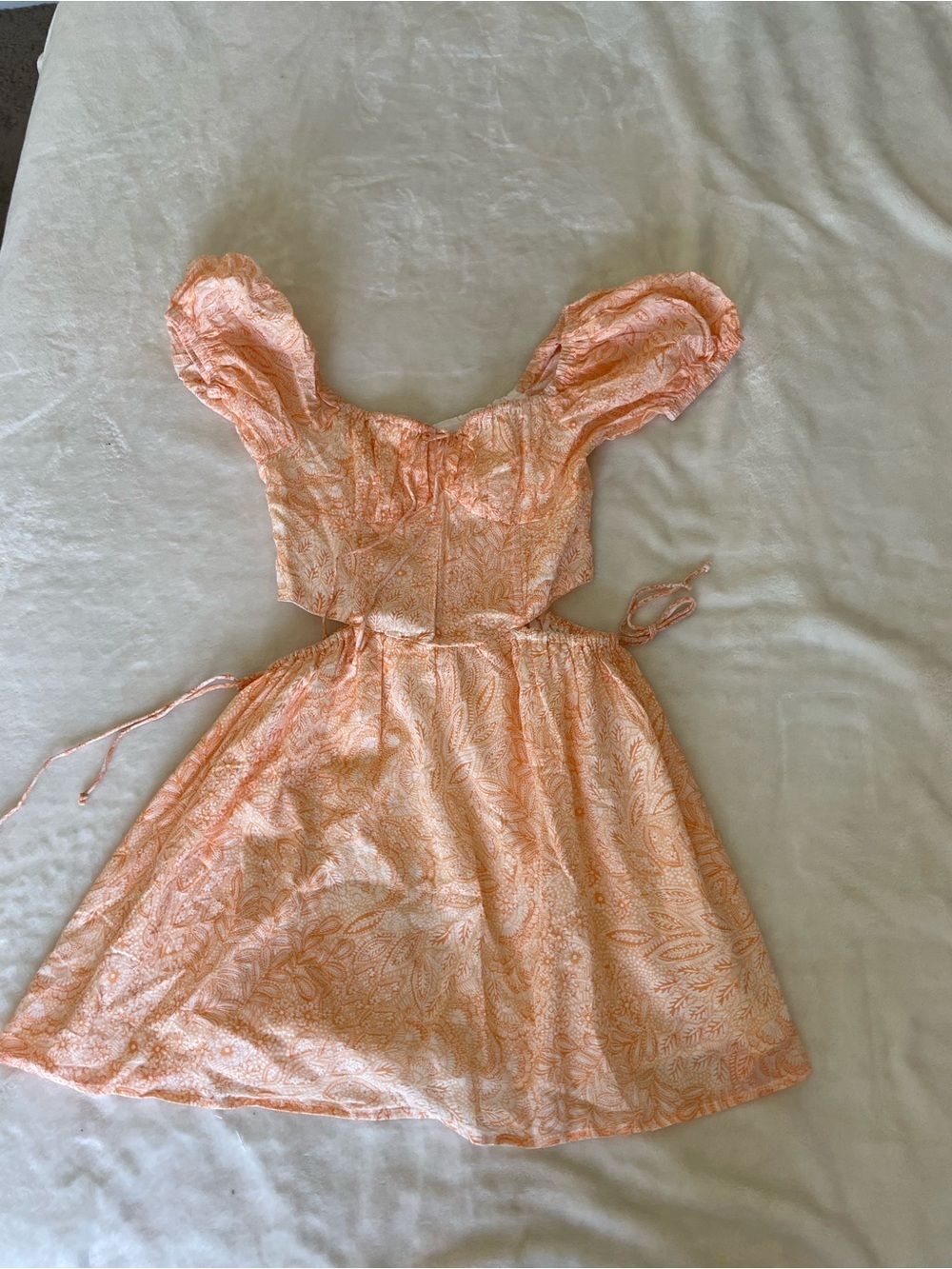 Sky to Moon Peach Printed Puff Sleeve Casual Tie-Waist Dress